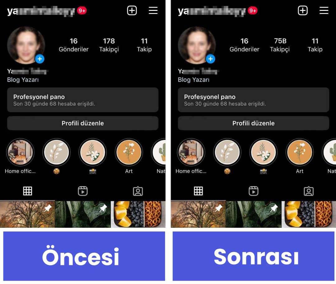 ücretsiz instagram takipçi kasma işlemi önce ve sonrası